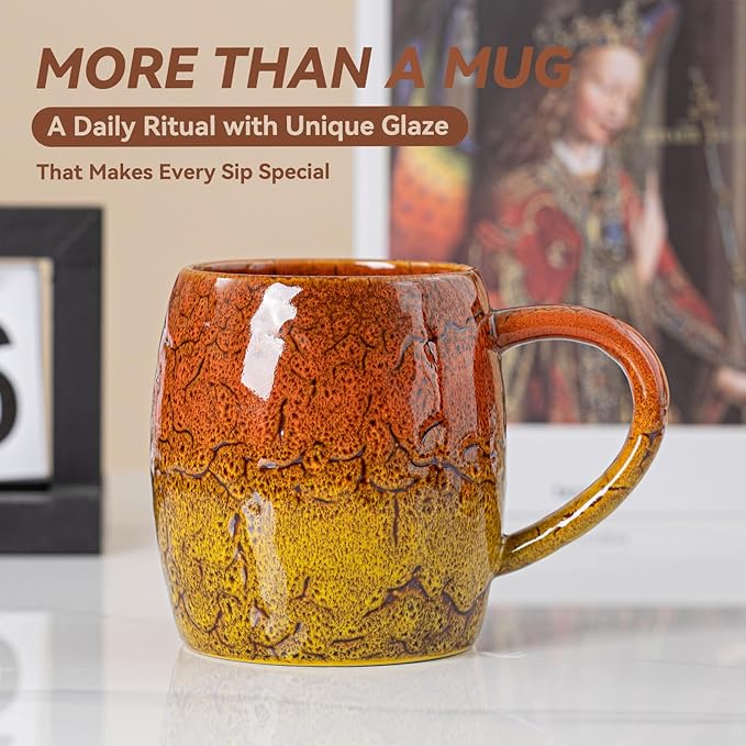 22oz Ergonomic Ceramic Mug with Unique Orange & Yellow Glaze – Microwave & Dishwasher Safe, Ideal Gift for Coffee Lovers, Unique Ceramic Coffee Cup for Yourself or Friends