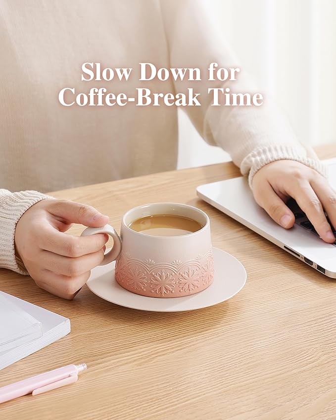 ZENS 7.3 Ounce Cappuccino Cups Set of 2, Artistic Embossed Cappuccino Mug with Saucers, Ceramic Coffee Cups for Double Espresso, Au Lait, Latte or Tea, Coffee Lovers Gifts, Pale Pink