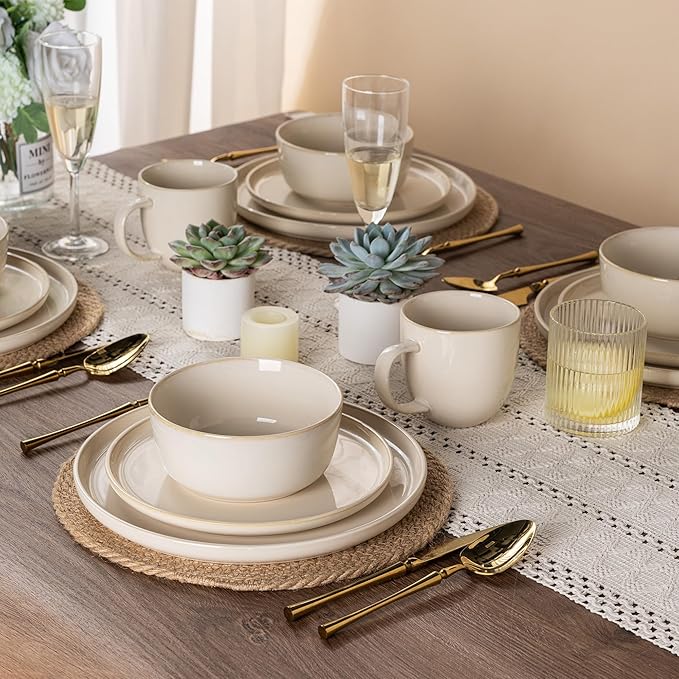 GBHOME Ceramic Dinnerware Sets for 8, 24 Pieces Stoneware Plates and Bowls Sets, Scratch Resistant Dishes, Dishwasher & Microwave Safe, Reactive Glaze-Vanilla color