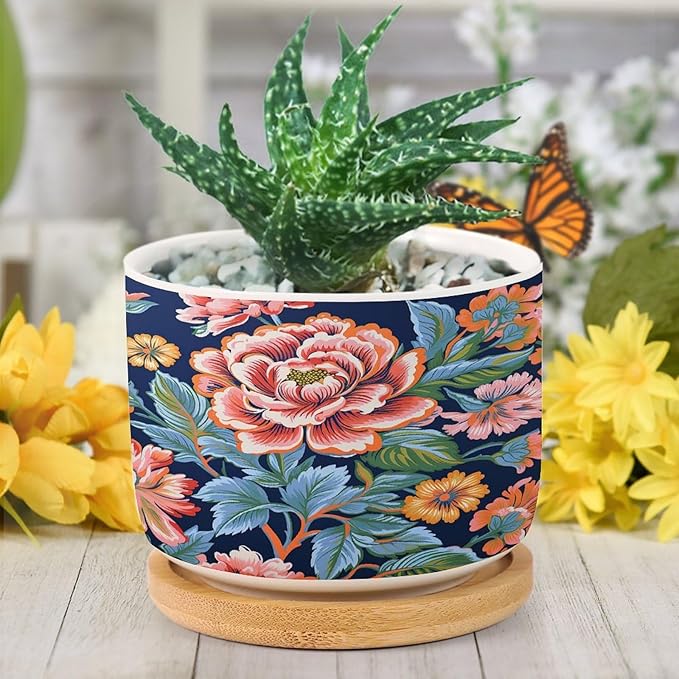 Bright and Chinoiserie Ceramic Planters Coral Peony Floral Flower Pots for Indoor Plants with Drainage Holes and Saucers Pot for Indoor Outdoor Garden