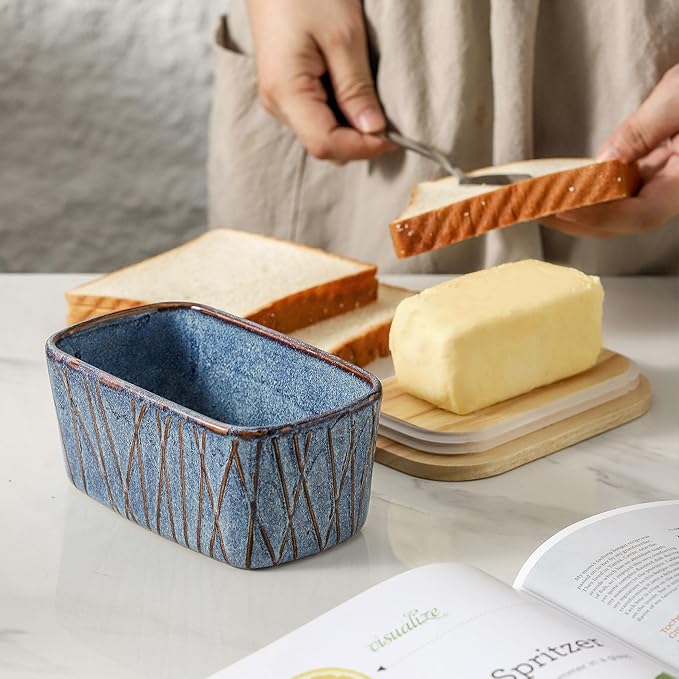 HVH Ceramic Butter Dish with Lid for Countertop, Airtight Butter Keeper with Wooden Lid, Butter Holder for East West Coast Butter, Irregular Striped (Wabi sabi, 6 x 3.5 x 2.7)