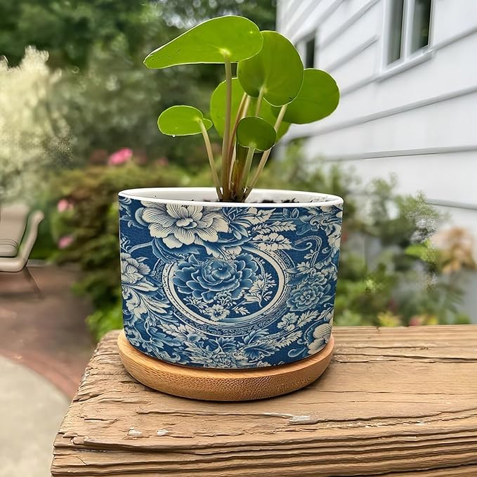 DreamAutumn Chinese Style Chinoiserie Blue and White Porcelain Floral Ceramic Pots for Plants with Drainage Holes Round Flower Pot Bamboo Tray Orchid Pot Succulents Pots for Outdoor Indoor Plants