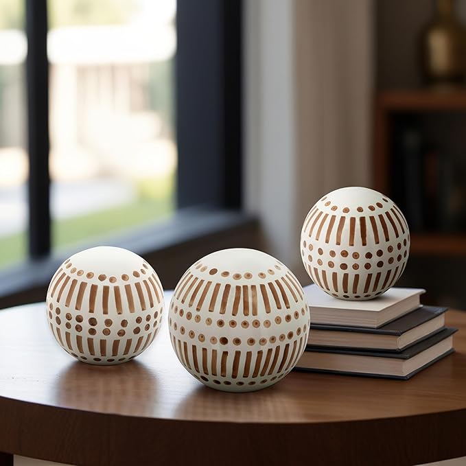 Ceramic Decorative Orbs – Sculptural Decorative Balls for Layered Tabletop Decor, Living Room and Shelf Placement, Boho Pattern Design Home Decor Decorative Objects – 6", 5", 4", Brown and White