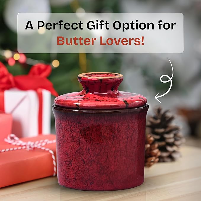 Pottery Butter Crock with Lid, Ceramic Butter Dish with Water Line, Countertop Butter Keeper, Butter Holder for Countertop, Red