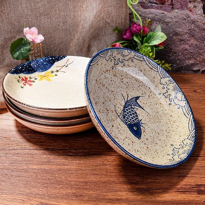 7 Inch Japanese Retro Ceramic Dinner Plates Set of 4 Asian-Inspired Dinnerware with Unique Hand-Painted Patterns, Microwave & Dishwasher Safe