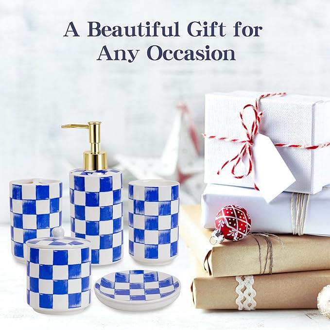 Ceramic Bathroom Soap Dispenser Set, Checkered Bathroom Vanity Set with Lotion Pump, Toothbrush Holder, Soap Dish & Storage Jar, Modern Bathroom Sink Accessories (Blue)