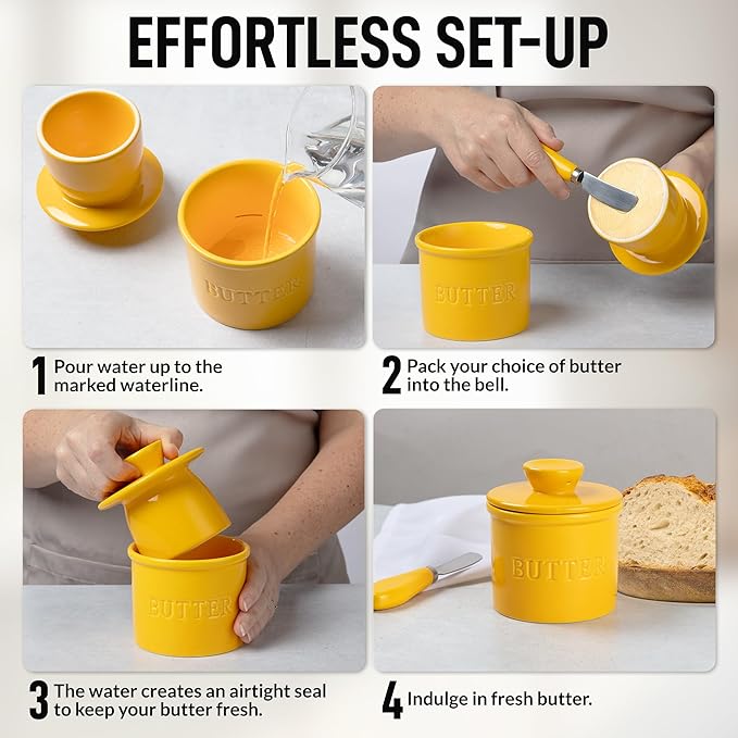 Zulay Kitchen Bell Shaped Butter Crock with Lid for Countertop with Water Line & Spreader Knife, Ceramic French Butter Dish Keeper For Fresh, Soft & Spreadable Butter - Yellow