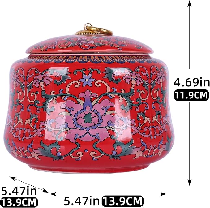 Handmade Chinoiserie Enamel Ginger Jar with Lid,Decorative Storage Jar for Loose Tea,Nuts & Snacks,Ceramic Vase Style Home Decor Canister,Colorful Jar for Kitchen,Living Room (Red Jar)