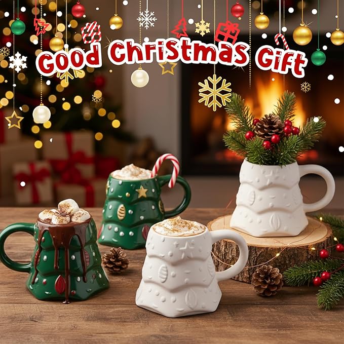Zubebe 4 Sets Christmas Paint Your Own Mugs Craft Kit, Xmas Ceramic to Paint, Christmas Tree DIY Mugs for Adults, Festive Coffee Tea Cup for Adults with Painting Set for Xmas Craft Family Gift