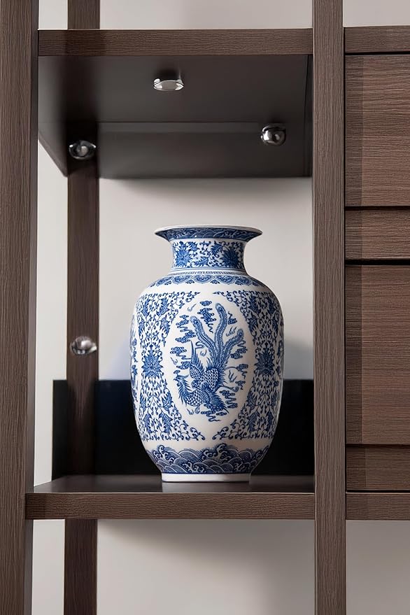 Blue and White Vase, Chinoiserie Porcelain for Living Room Shelf, Entryway Decor & Blue and White Home Centerpiece, Blue Vases Home Décor,11" H