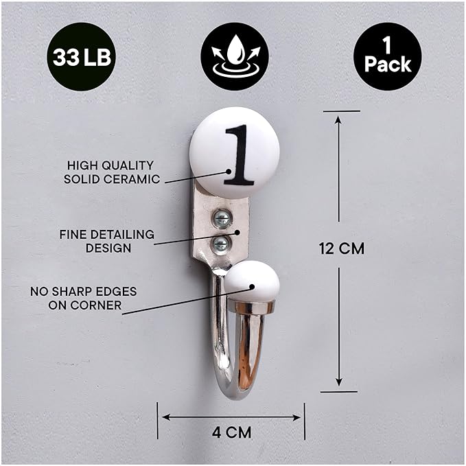 IndianShelf Artisan Ceramic, Zinc Decorative Cute Hooks for Hanging Coats, Jackets, Leash, Hat, Towel, Backpack, Purse, Handbag -White