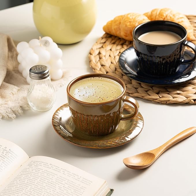Ceramic Latte Cup with Saucer, 7 oz, Coffee Mug, Espresso Cups for Cappuccino, Milk Tea and Mocha, Dishwasher and Microwave Safe (brown)