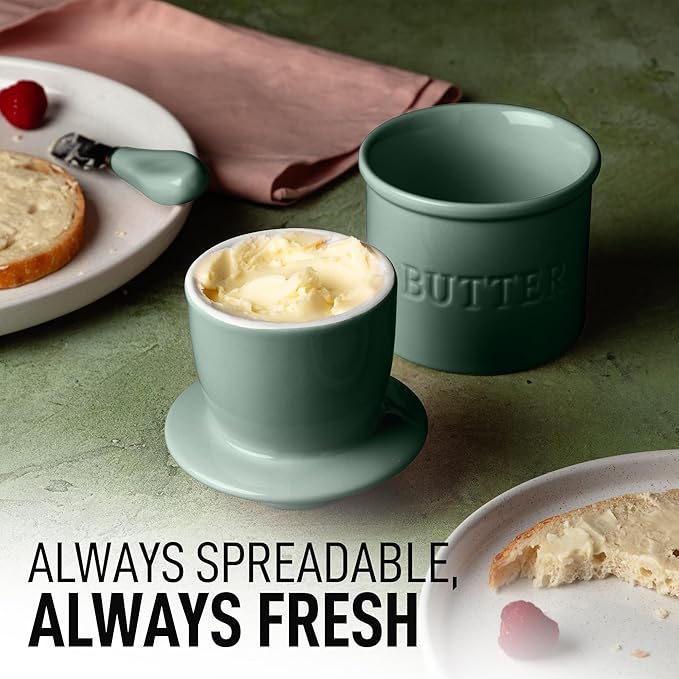 Zulay Kitchen Bell Shaped Butter Crock with Lid for Countertop with Water Line & Spreader Knife, Ceramic French Butter Dish Keeper For Fresh, Soft & Spreadable Butter - Deep Sea