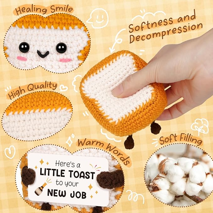 A Little Toast to Your New Job - Mini Handmade Crochet Toast, Funny New Job Gifts for Women Men, Best Farewell Gifts for Coworkers Friends, Good Luck Gift New Beginnings