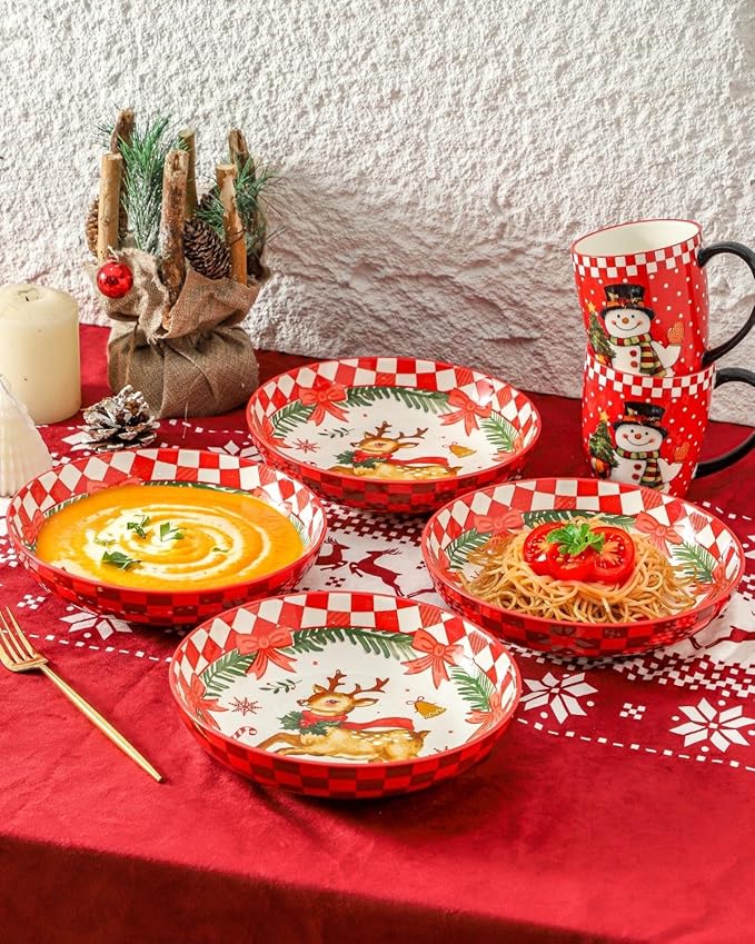 HASENSE Pasta Bowls Set of 4, Holiday Serving Dishes for Entertaining, 38 Ounce Ceramic Bowl Set for Soup, Salad, Snack, 8.8 Inch Dishes for Valentine’s Day Gift, Microwave Dishwasher Safe, Red