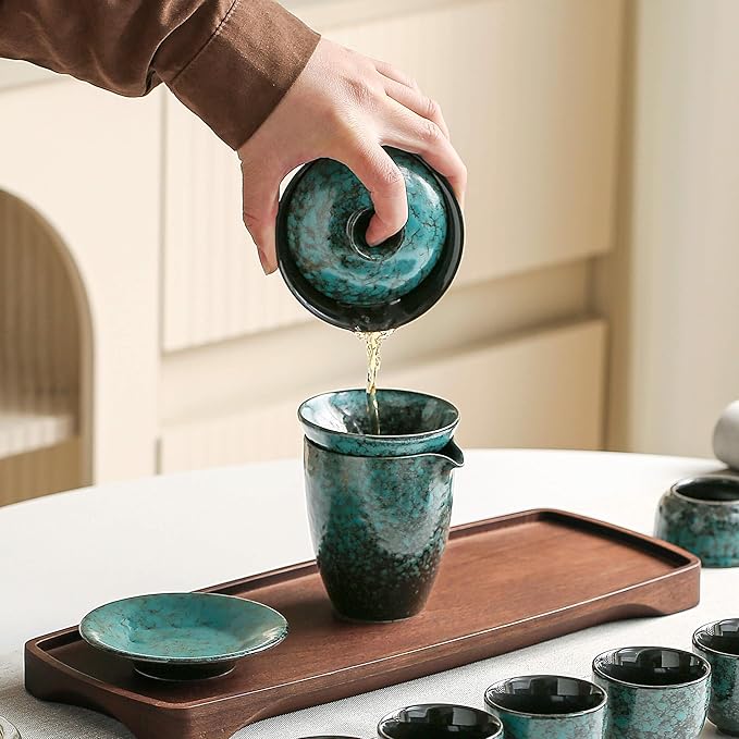 Chinese Tea Set, 10-Piece Ceramic Set with Teapot and Cups, Gongfu Tea Set,Tea Gift Sets,Outdoor and Office (Dark Green)