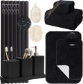Black Bathroom Set,Black Bathroom Accessories Set with Shower Curtain and Rugs, Bath Towel Set, Natural Loofah Sponge, Soap Dispenser, Toothbrush Holder, Bathroom Tumbler and Tray for Bathroom