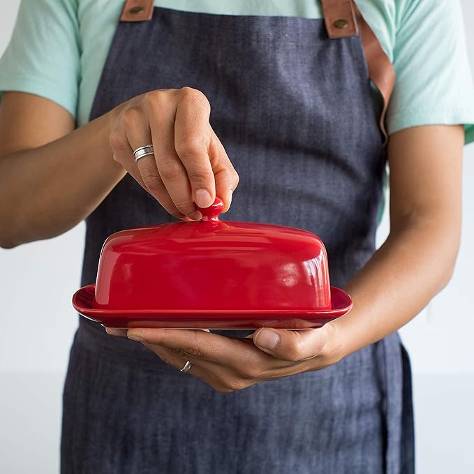 Now Designs Stoneware Rectangle Butter Dish with Lid, Red 4.5 x 8 in
