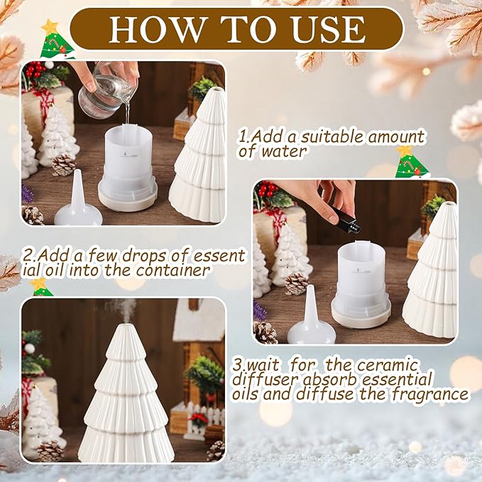 Christmas Essential Oil Diffuser Gifts Ceramic 120ml Christmas Tree Diffuser for Essential Oil Cute Small Aromatherapy Humidifier for Home Office Holiday Decorations(White)