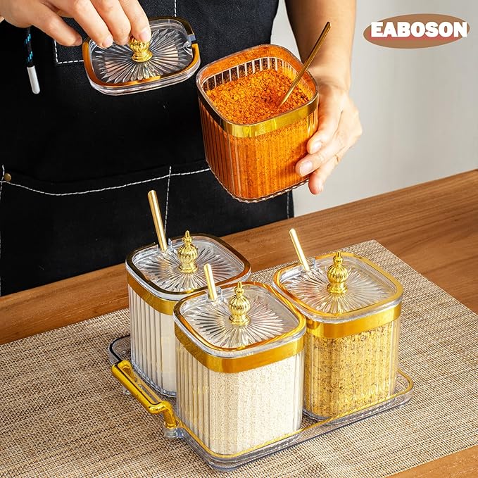 4 Pack Clear Condiment Spice Jars with Lids, Spoons, Tray - Plastic Seasoning Box Set for Salt, Pepper, Sugar - Kitchen Storage