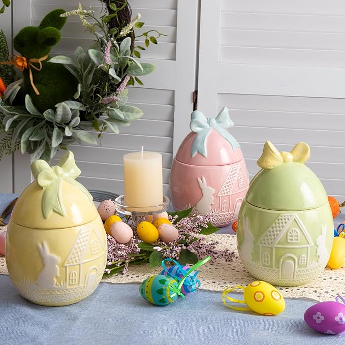 Easter Bunny Cookie Jar with Lid, Yellow Egg Candy Jar, Embossment Bunny Decorative Ceramic Storage Container Jar, Yellow Easter Bunny Egg Decorations for Home Kitchen Indoor Best Easter Gift