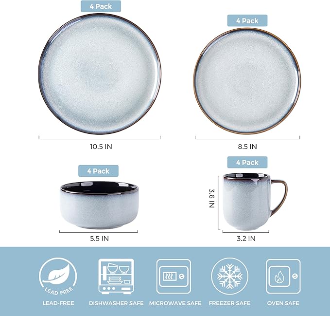 LERATIO Ceramic Dinnerware Sets for 4,16-PieceReactive Glaze Plates and Bowls Set with Mugs,Highly Chip and Crack Resistant | Dishwasher,Microwave & Oven Safe Dishes set-Gray White