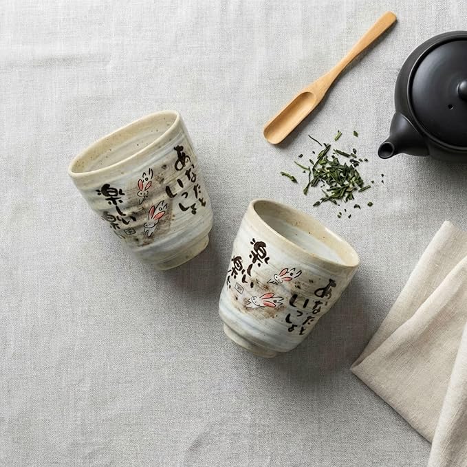 Mino Ware Japanese Tea Cups – Handmade Yunomi Ceramic Set with Rabbit Design, 6.4 fl oz, Matcha Cup Set of 2