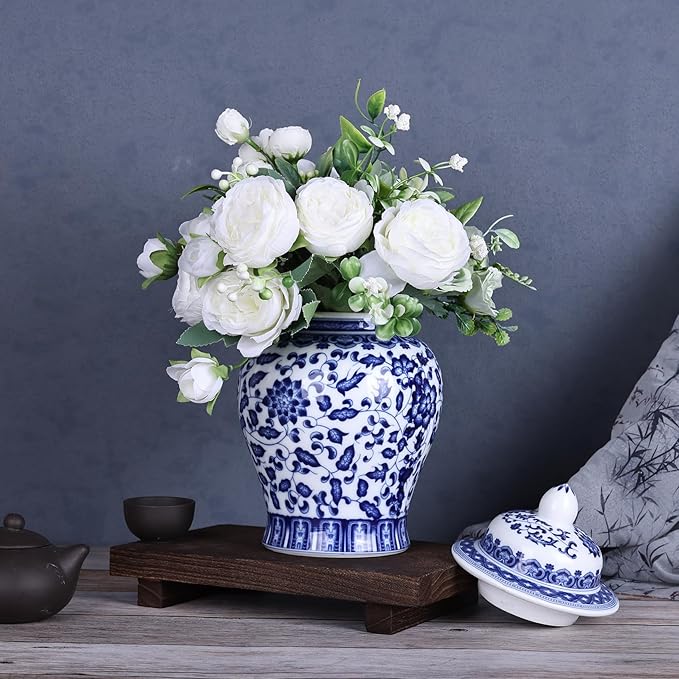 Handmade Blue and White Porcelain Ginger Jar - Traditional Chinoiserie Decorative Storage Vase, Thin-Walled Ceramic Jar for Home Decor, Tea & Display (Leaves)