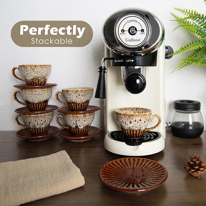 2 oz Espresso Cups Set of 6, Ceramic Cappuccino Cups with Saucers, Stackable Coffee Cup for Macchiato, Single shot, Tea, Coffee Lover Gifts, Glazed White