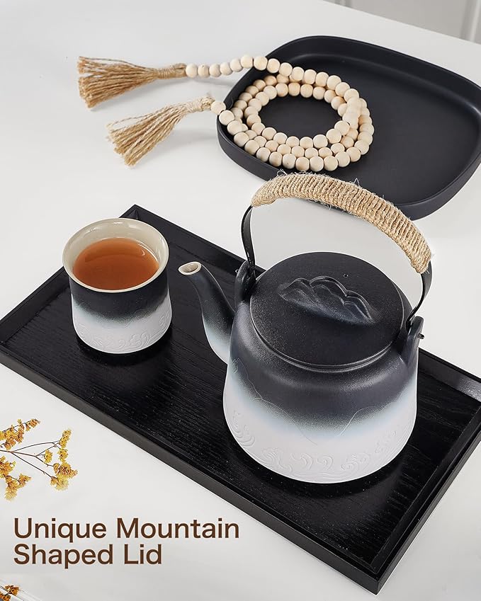 ZENS Vintage Japanese Teapot, 33.8 oz Gradient Embossed Ceramic Loose Leaf Tea Pot with Built-in Filter for Tea Steeper, Hemp Rope Handle Japanese Teapot for Tea Lovers Gifts, Black & White