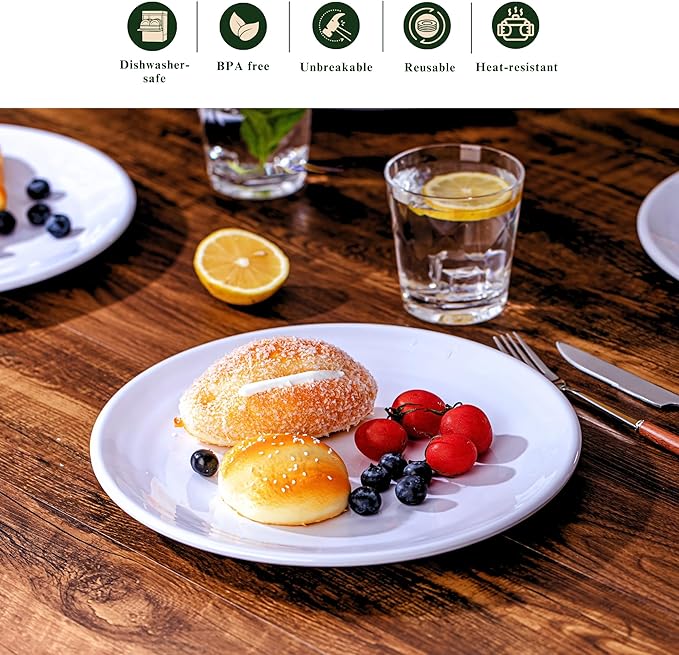11-Inch Melamine Plates (Set of 6) - Unbreakable and Reusable Plastic Dinnerware with Ceramic Feel, Stackable and Dishwasher-Safe - Versatile for All Meals (White)