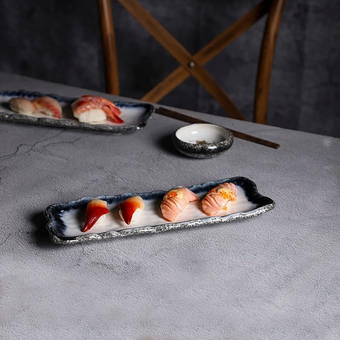 Uaral Japanese Sushi Plates Stoneware Sushi Plate Set Sushi Dish Set Sashimi Plates Rectangular Plate 12.5inch Set of 4, (Blue and White)