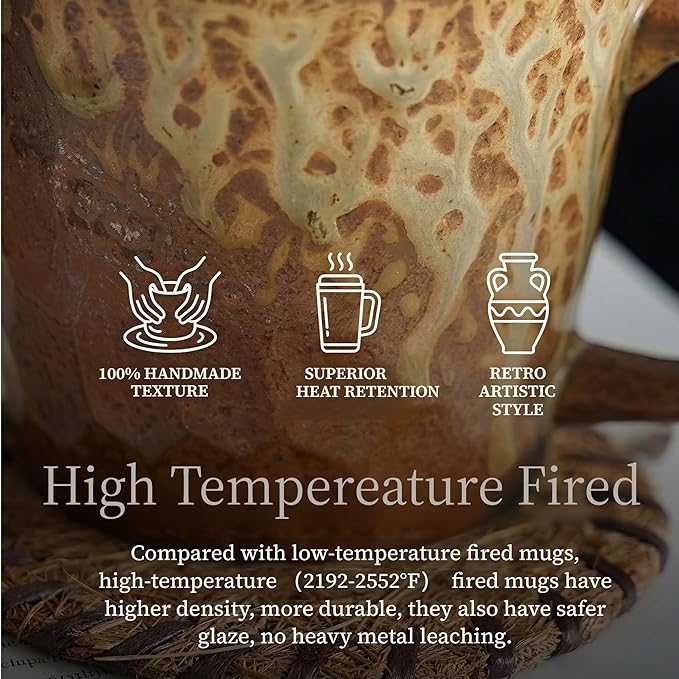 10oz Retro Vintage Japanese Style Handmade Ceramic Tea Cup with Handle, Lead-Free Glaze Artisanal Coffee Mug, Comfortable handle Handmade Pottery Tea Mug for office and home,Brown