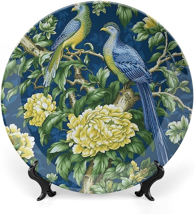 Vintage Plates Pagoda Garden Imperial Green Chinoiserie Peacock Customize Decor for Wall Display Festival Housewarming Gifts Ceramic Ornaments Dessert Plates Unique Art with Stand, Gifts