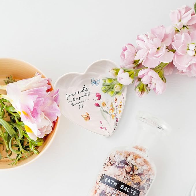 Pavilion Gift Company - Friend - Ceramic Heart-Shaped Keepsake Dish, Watercolor Floral Design, Valentines Day Gift For Girlfriend, Unique Gifts for Friend, Trinket Dish, Ring Holder, Jewelry Dish