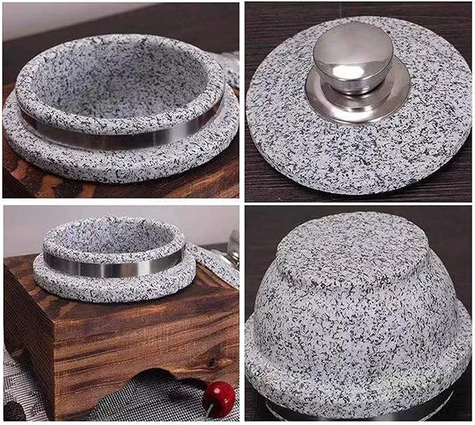 Korean Granite Stone Bowl with Lid,Heavy-Duty Granite Stone Bowl with Wood Base, Rice Cooker,Ceramic Pot Casserole,Clay Pot for Korean Cuisine Stone Diameter 14cm