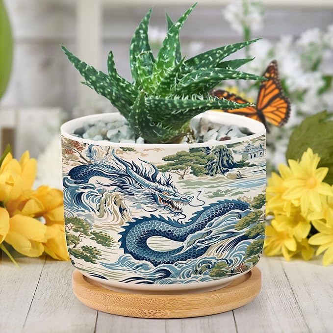 Trend Dragon Chinoiserie Asian Inspired Ceramic Planters With Saucers for Orchids, Succulents, Plants - Home Office Desk Garden Balcony New Home Decor