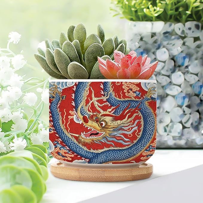 Red and Auqa Dragon Small Planters Ceramics Set of 2 Chinoiserie Dragon Ceramics Planters with Drainage Bamboo Trays Asian Scenery Chic Chinoiserie Houseplant Pot
