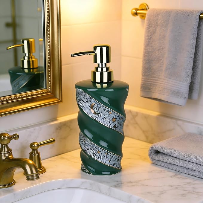 Bathroom Soap Dispenser, Large Capacity Ceramic Dispenser with Spiral Galaxy Design - Refillable Press Pump Bottle for Bathroom & Kitchen (14oz, Green)