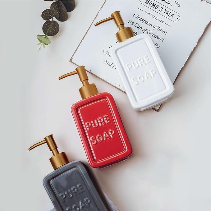 Ceramic Retro Soap Dispenser with Gold Pump, 15oz Capacity, Premium Ceramic Design for Bathroom or Kitchen (Grey)