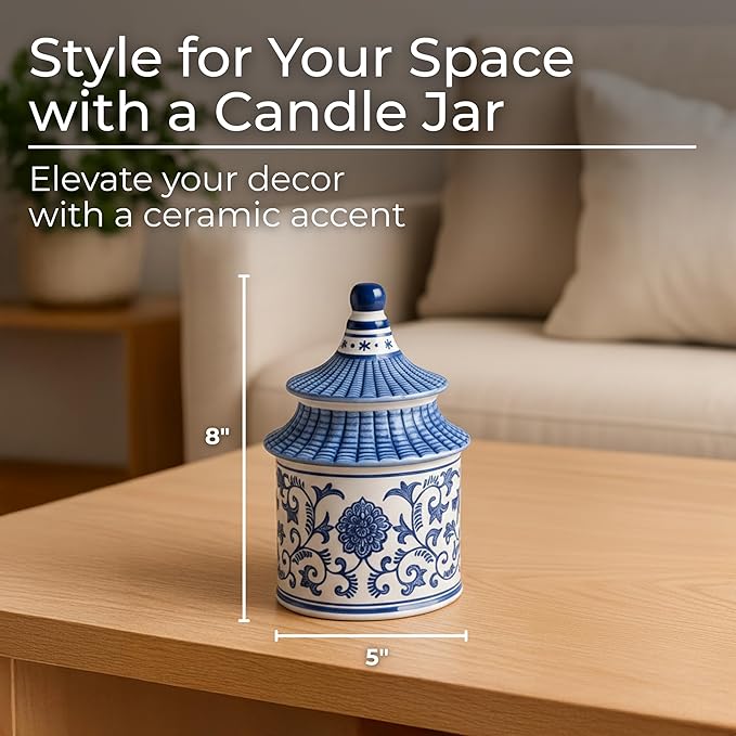 Plumeria Chinoiserie Candle Holder Jar – Pagoda-Inspired Decorative Taper Candle Holders – Elegant Office & Home Decor Accents for Living Room & Bedroom – 5"x8", Blue & White