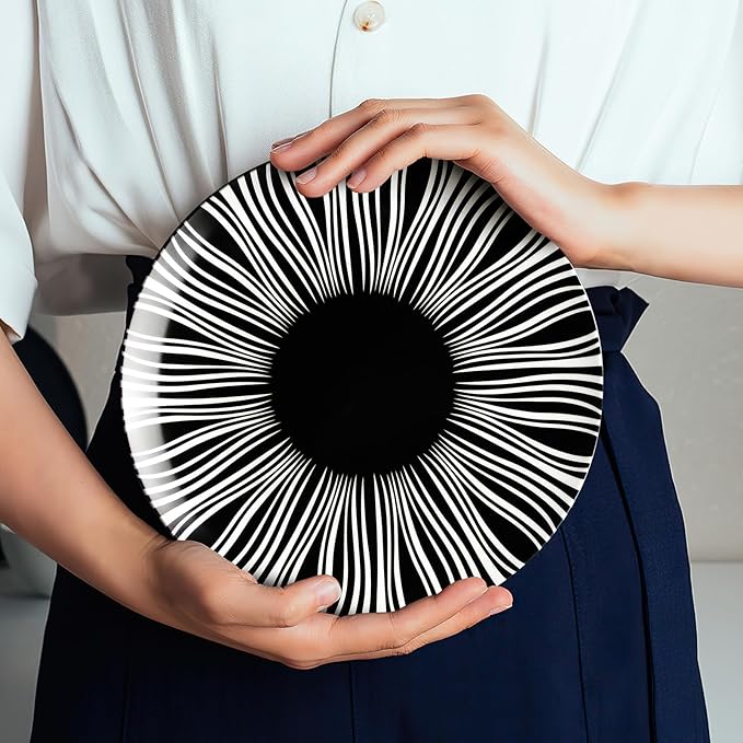 Black and White Striped Ceramic Plates Set of 6-6 Inch Zebra Pattern Dessert & Appetizer Plates, Minimalist Porcelain Dish Set, Microwave, Oven & Dishwasher Safe