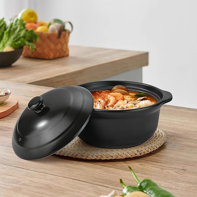 Korean Dolsot Pot Set, Bowl with Lid, for Cooking Bibimbap, Kimchi, Hot Pot, Soups and Stews, Oven and Dishwasher Safe, 1.9 Quart, Black
