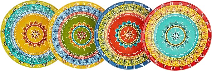 Valencia 8.75" Ceramic Dessert Plates Set of 4 – Multicolor Boho Style Glazed Plates, Dishwasher & Microwave Safe, Vibrant Ceramic Side Plates for Indoor Outdoor Use