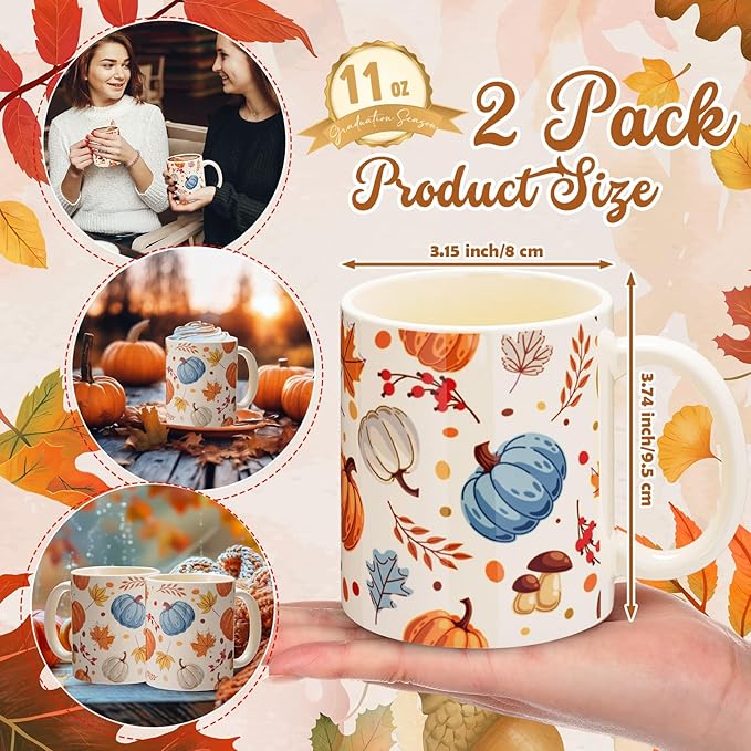 Sliner 11 oz Pumpkin Ceramic Coffee Mugs Set of 2 Thanksgiving Fall Cup Gifts Festive Tea Cup Autumn Holiday Birthday Gifts for Men Women