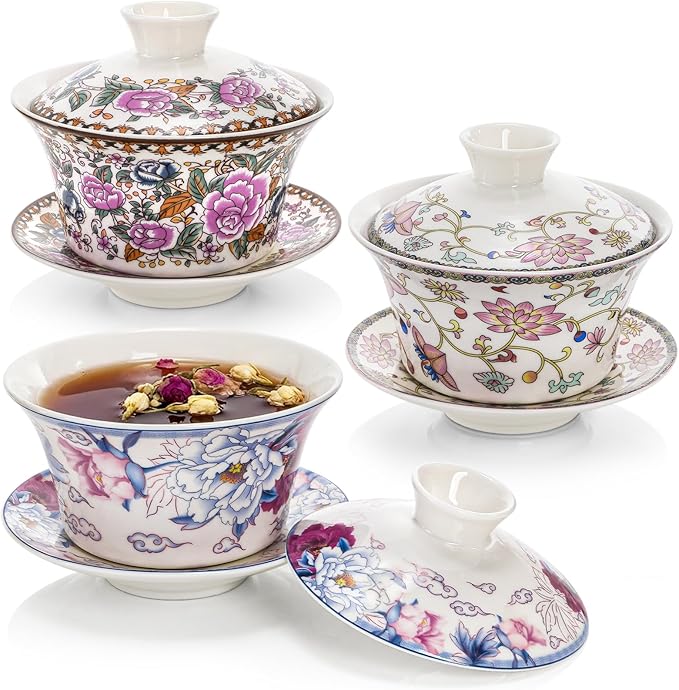 Set of 3 Gaiwan Chinese Tea Cup, 10 Oz Large Porcelain Tea Cup with Lid and Saucer, Traditional Handmade Kungfu Tea Bowl Set for Home Decor Kitchen Coffee, Flower Pattern