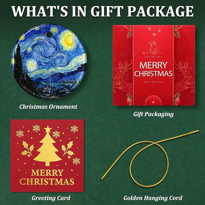 Starry Night Style Ceramic Christmas Ornaments – Artistic Blue Holiday Decor for Tree, Famous Painting Inspired Art Ornament, Elegant Artist Gift
