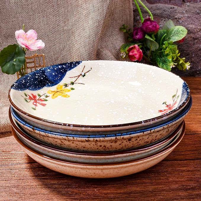 7 Inch Japanese Retro Ceramic Dinner Plates Set of 4 Asian-Inspired Dinnerware with Unique Hand-Painted Patterns, Microwave & Dishwasher Safe