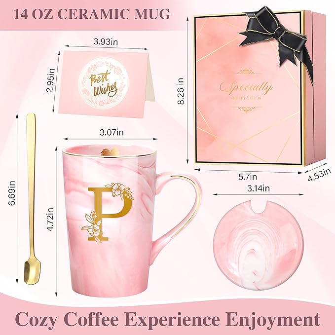 Coffee Mugs - Birthday Gifts for Women, Personalized Initial Customized Mug Tea Cup with Lid 14 Oz Pink, Spoon Greeting Card, Luxury Gift-Boxed Christmas Gift for Her Wife Mom Grandma Friend Unique,P