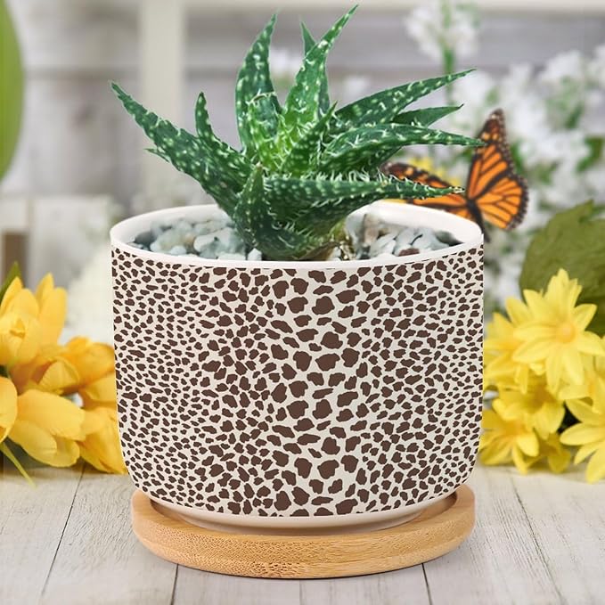 Brown Leopard Print Ceramic Planters African Animal Stripe Planters for Indoor Plants with Drainage Holes and Saucers Pot for Home Office Decoration